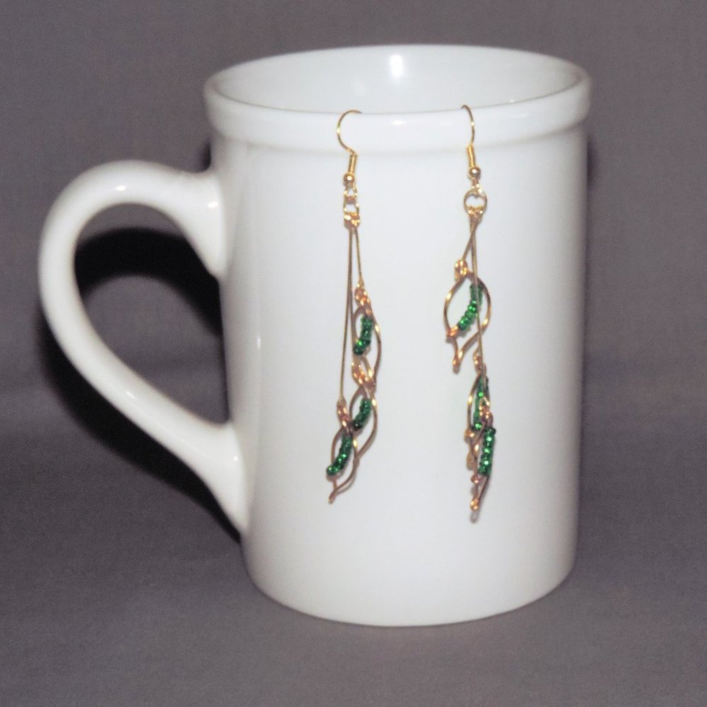 Handcrafted gold and green dangle earrings